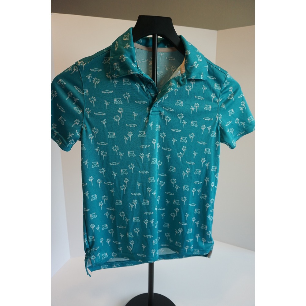 All in Motion Boys Teal Tropical Golf Polo Shirt Palm Tree Gator Print Size M 8